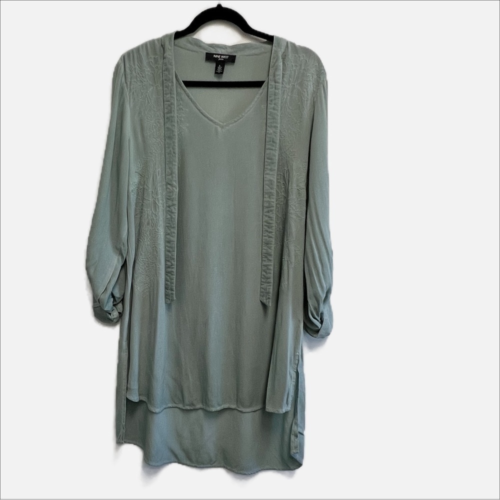 NINE WEST Sage Green Dress. Button Down Front. V Neck. Embroidered